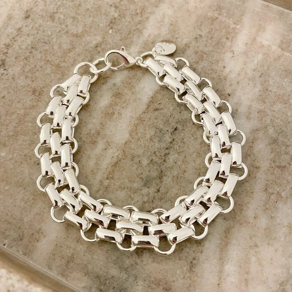 925 Sterling Silver Chunky Chain Link Bracelet Silver Large Link Bracelet - Picture 2 of 6